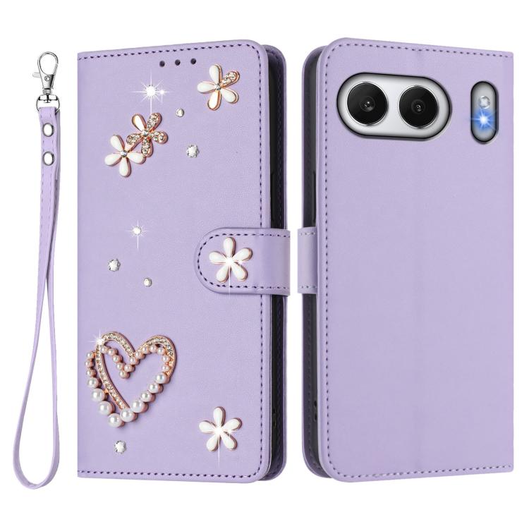 For OnePlus Nord 4 5G Global ZS01 Double-Layer Heart Floral Vegan Leather Phone Case with Wrist Strap