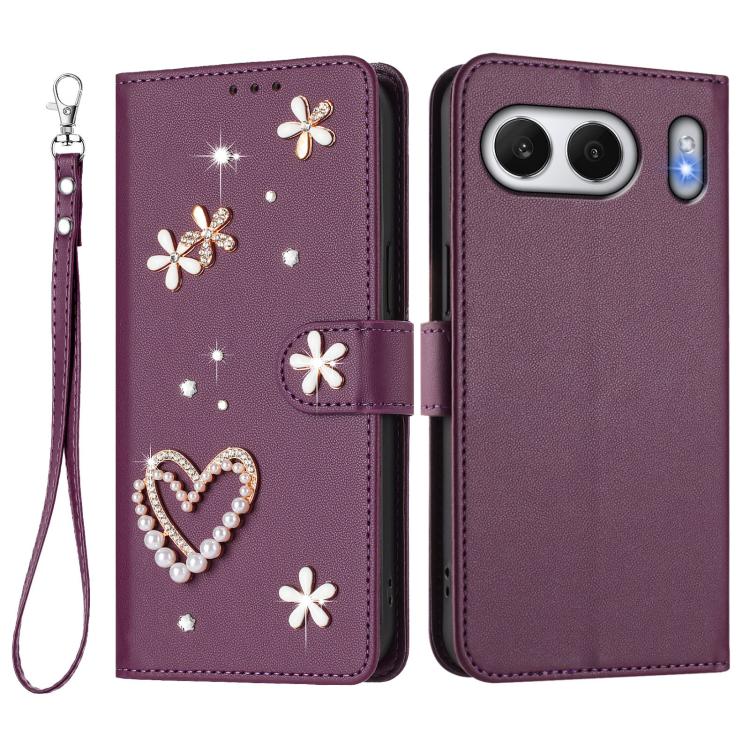 For OnePlus Nord 4 5G Global ZS01 Double-Layer Heart Floral Vegan Leather Phone Case with Wrist Strap