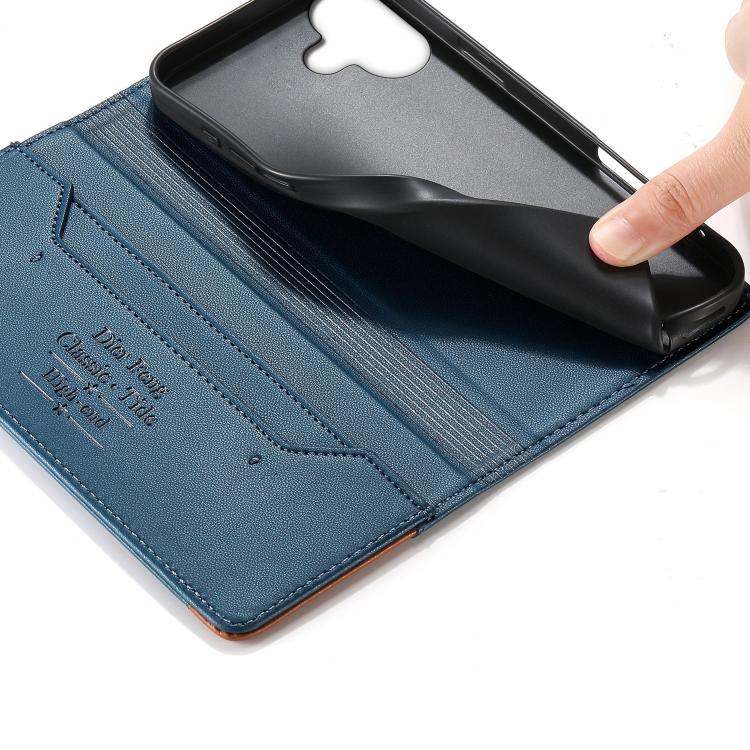For iPhone 16 Plus Dierfeng Splicing Strong Magnetic RFID Vegan Leather Phone Case