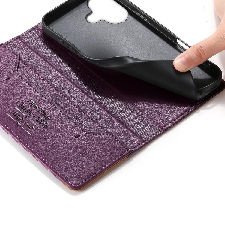 For iPhone 16 Dierfeng Splicing Strong Magnetic RFID Vegan Leather Phone Case