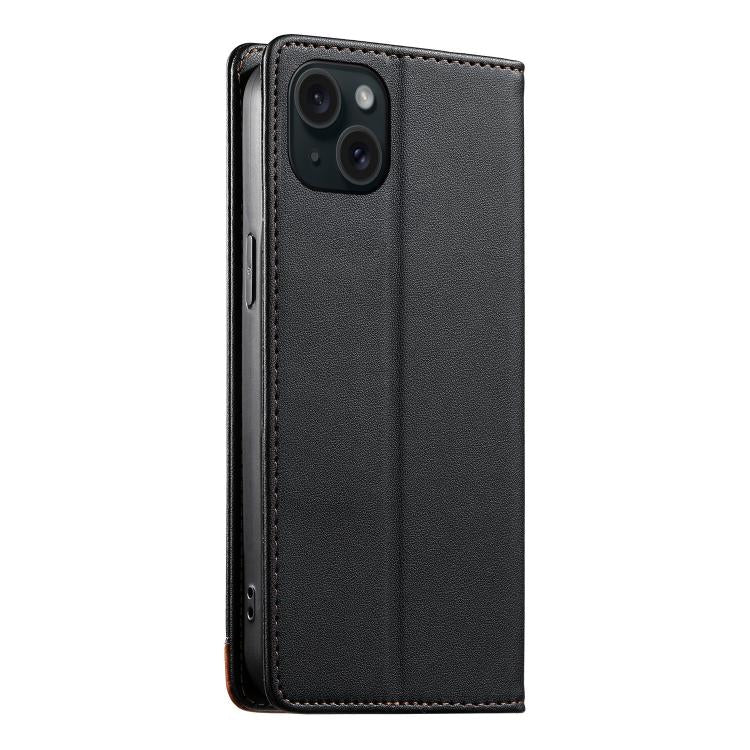 For iPhone 15 Plus Dierfeng Splicing Strong Magnetic RFID Vegan Leather Phone Case
