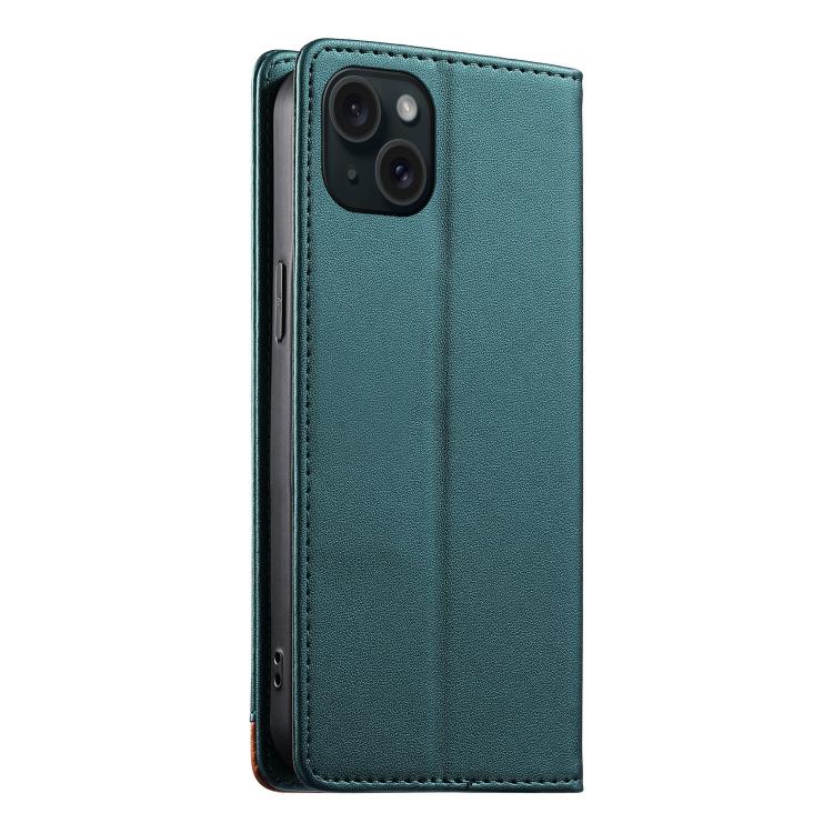 For iPhone 15 Plus Dierfeng Splicing Strong Magnetic RFID Vegan Leather Phone Case