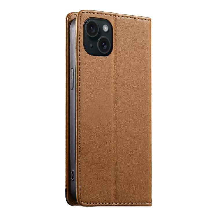 For iPhone 15 Plus Dierfeng Splicing Strong Magnetic RFID Vegan Leather Phone Case