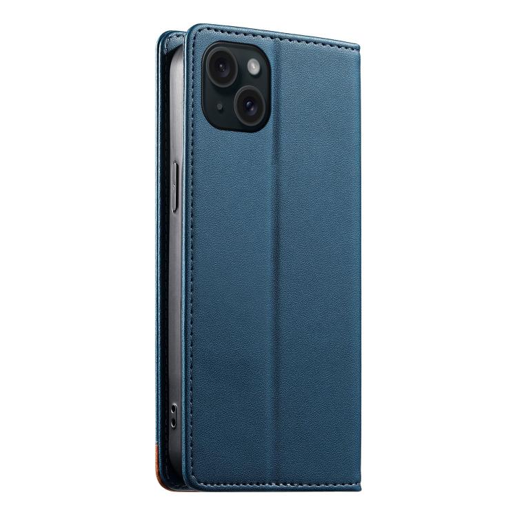 For iPhone 15 Plus Dierfeng Splicing Strong Magnetic RFID Vegan Leather Phone Case