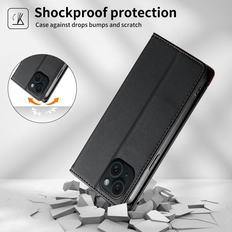 For iPhone 15 Dierfeng Splicing Strong Magnetic RFID Vegan Leather Phone Case
