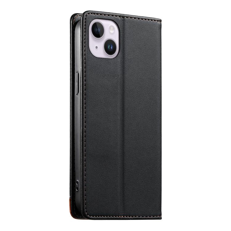 For iPhone 14 Plus Dierfeng Splicing Strong Magnetic RFID Vegan Leather Phone Case