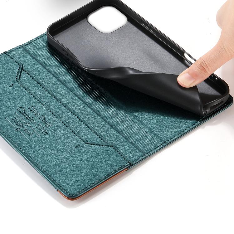 For iPhone 14 Plus Dierfeng Splicing Strong Magnetic RFID Vegan Leather Phone Case