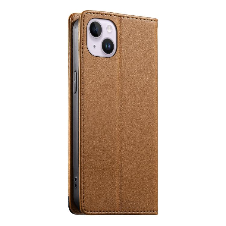 For iPhone 14 Plus Dierfeng Splicing Strong Magnetic RFID Vegan Leather Phone Case