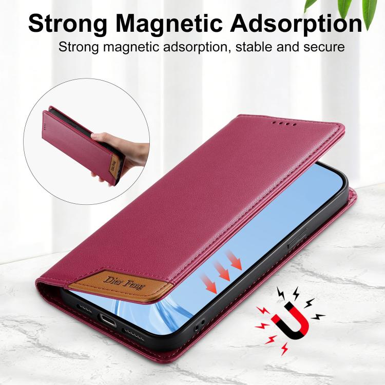 For iPhone 14 Plus Dierfeng Splicing Strong Magnetic RFID Vegan Leather Phone Case