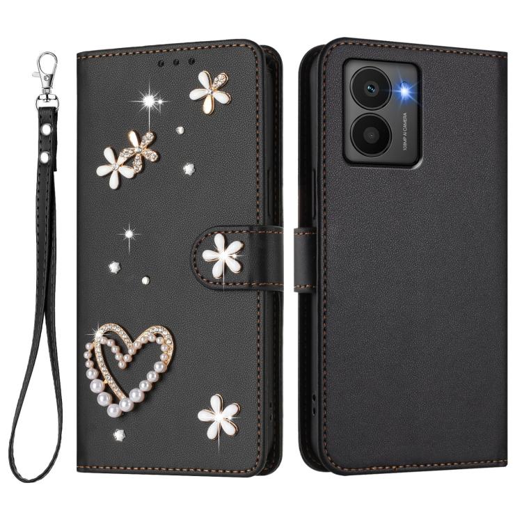 For HMD Fusion ZS01 Double-Layer Heart Floral Vegan Leather Phone Case with Wrist Strap