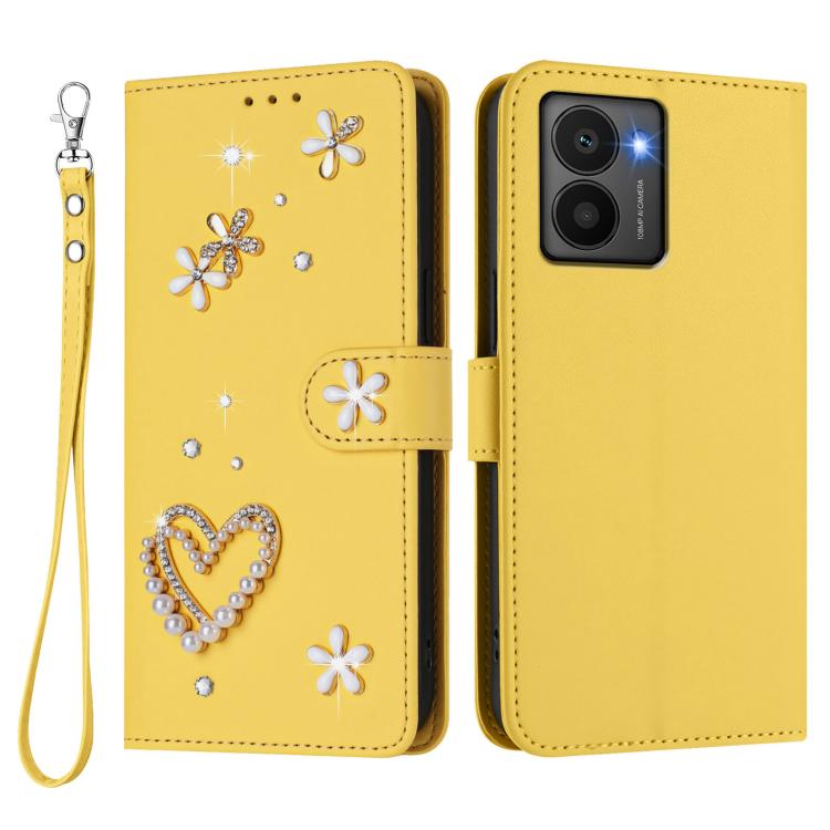 For HMD Fusion ZS01 Double-Layer Heart Floral Vegan Leather Phone Case with Wrist Strap