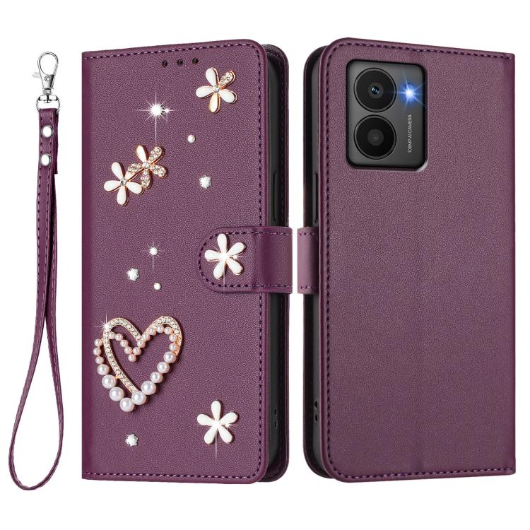 For HMD Fusion ZS01 Double-Layer Heart Floral Vegan Leather Phone Case with Wrist Strap