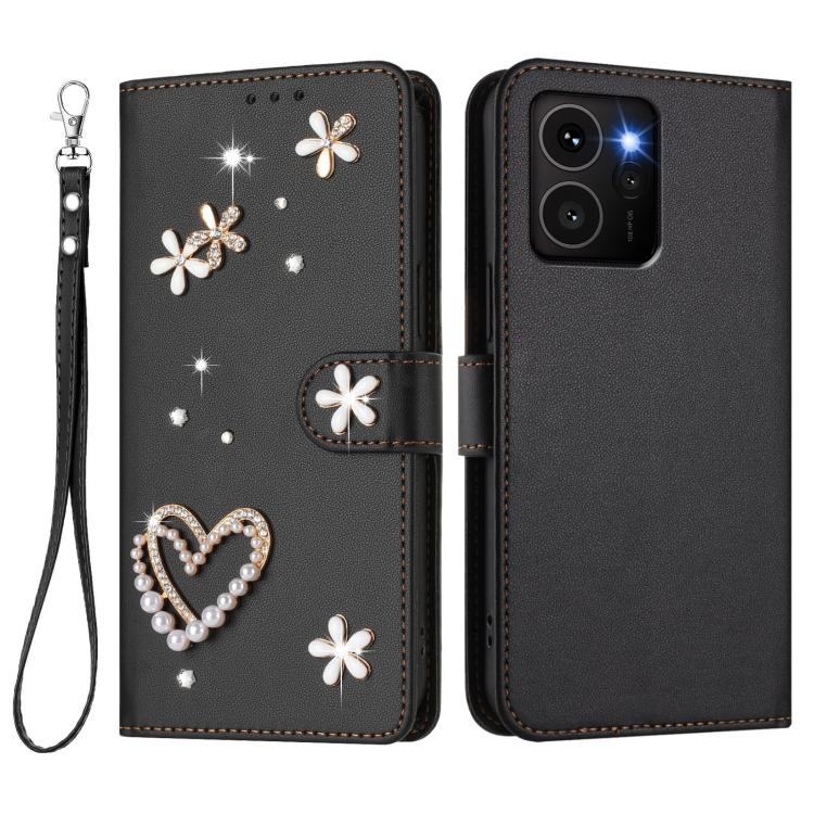 For HMD Skyline ZS01 Double-Layer Heart Floral Vegan Leather Phone Case with Wrist Strap