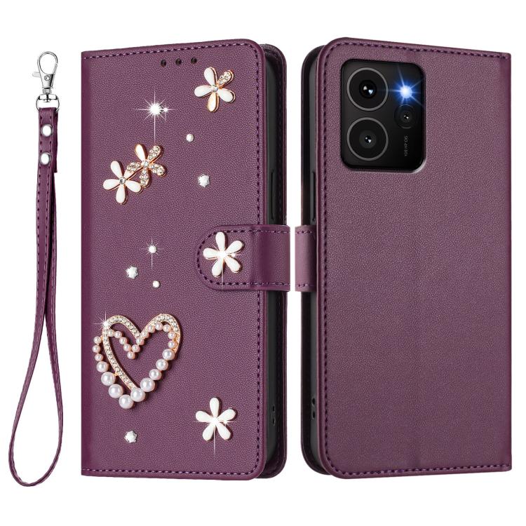 For HMD Skyline ZS01 Double-Layer Heart Floral Vegan Leather Phone Case with Wrist Strap