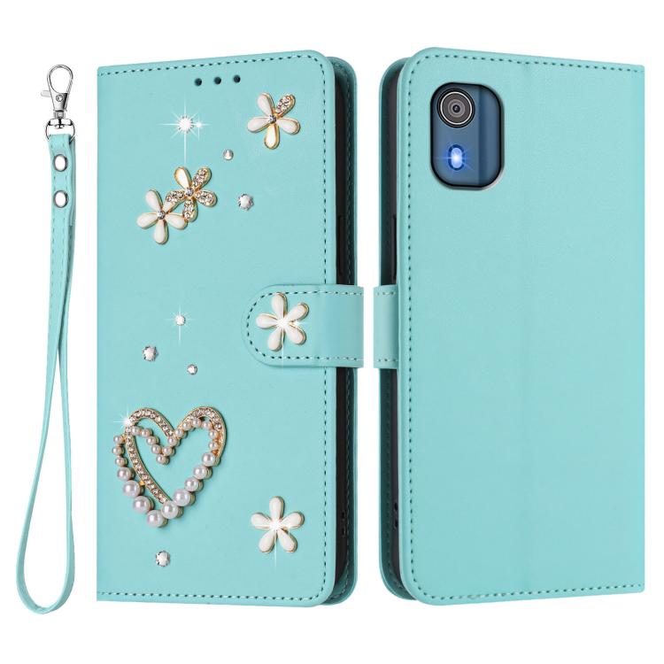 For Nokia C02 ZS01 Double-Layer Heart Floral Vegan Leather Phone Case with Wrist Strap