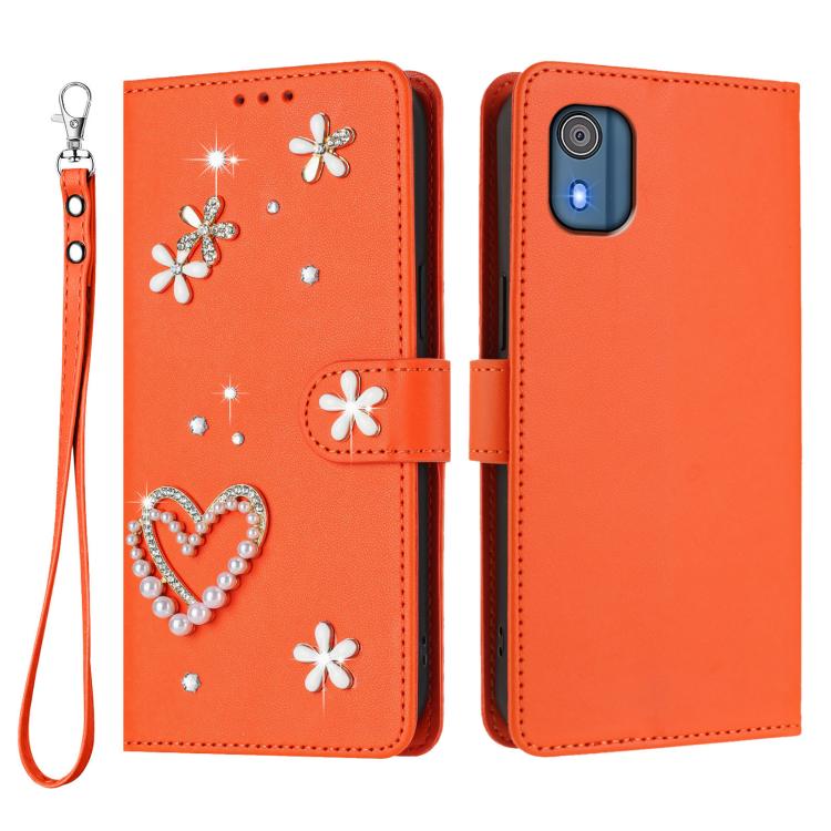 For Nokia C02 ZS01 Double-Layer Heart Floral Vegan Leather Phone Case with Wrist Strap