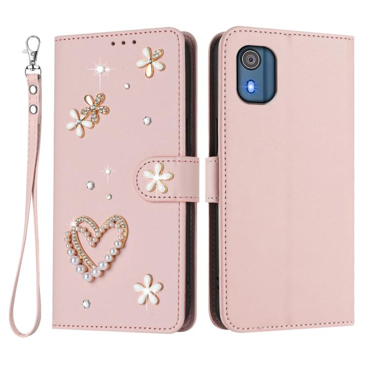 For Nokia C02 ZS01 Double-Layer Heart Floral Vegan Leather Phone Case with Wrist Strap