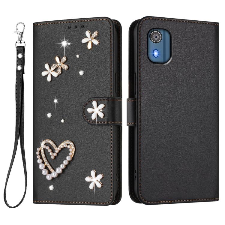 For Nokia C02 ZS01 Double-Layer Heart Floral Vegan Leather Phone Case with Wrist Strap