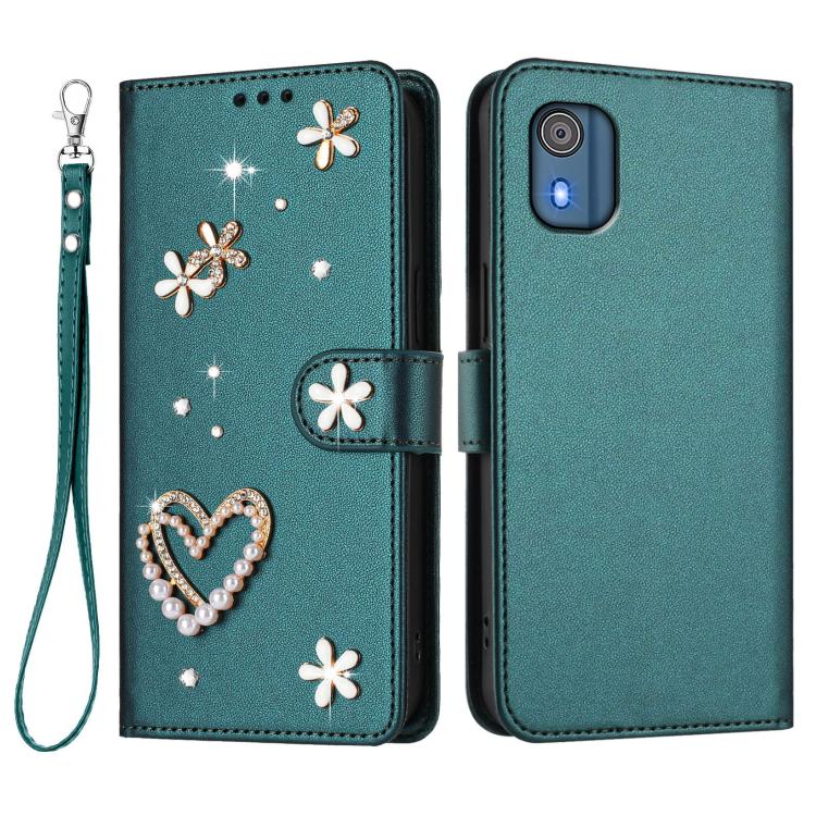 For Nokia C02 ZS01 Double-Layer Heart Floral Vegan Leather Phone Case with Wrist Strap