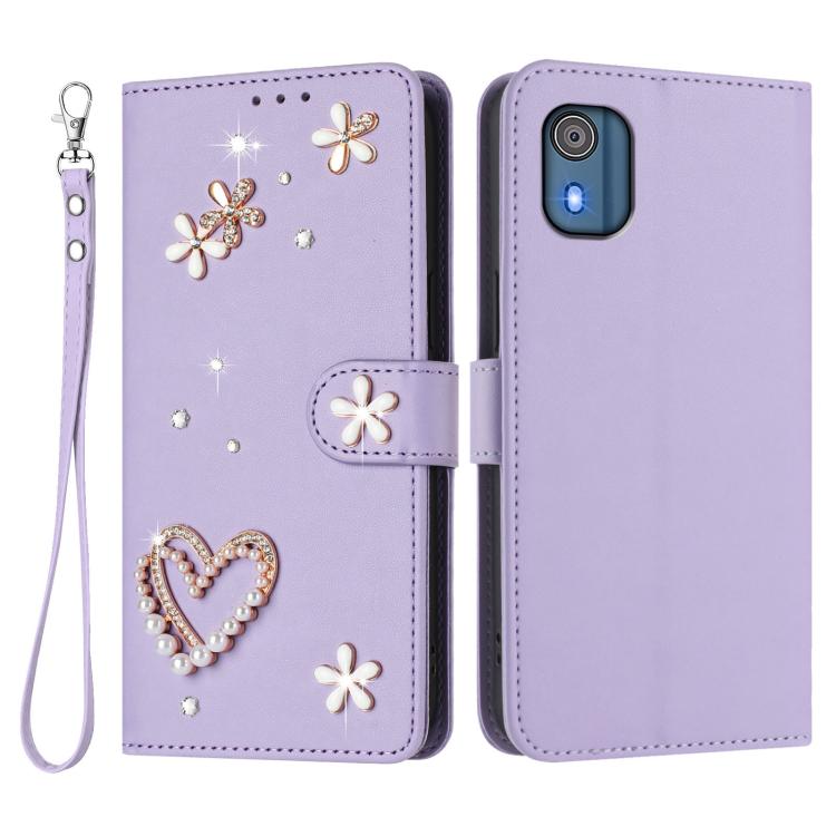 For Nokia C02 ZS01 Double-Layer Heart Floral Vegan Leather Phone Case with Wrist Strap