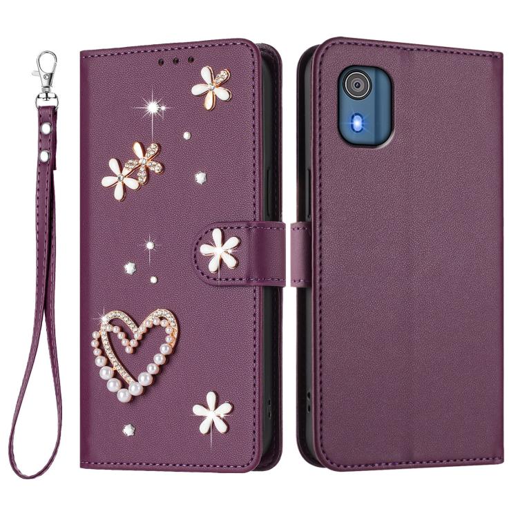 For Nokia C02 ZS01 Double-Layer Heart Floral Vegan Leather Phone Case with Wrist Strap