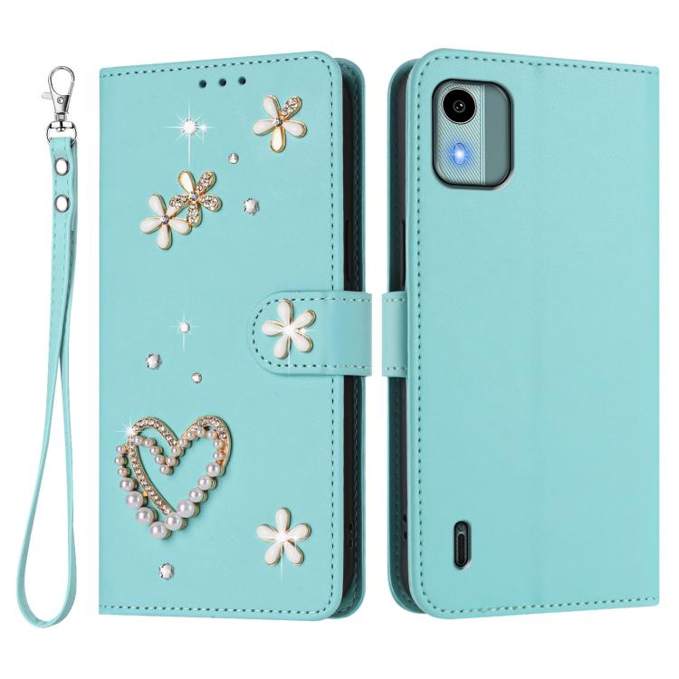 For Nokia C12 ZS01 Double-Layer Heart Floral Vegan Leather Phone Case with Wrist Strap