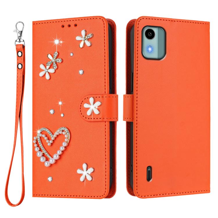 For Nokia C12 ZS01 Double-Layer Heart Floral Vegan Leather Phone Case with Wrist Strap