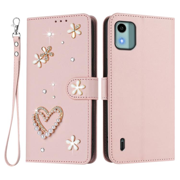 For Nokia C12 ZS01 Double-Layer Heart Floral Vegan Leather Phone Case with Wrist Strap