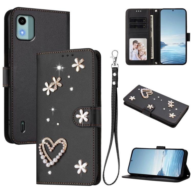 For Nokia C12 ZS01 Double-Layer Heart Floral Vegan Leather Phone Case with Wrist Strap