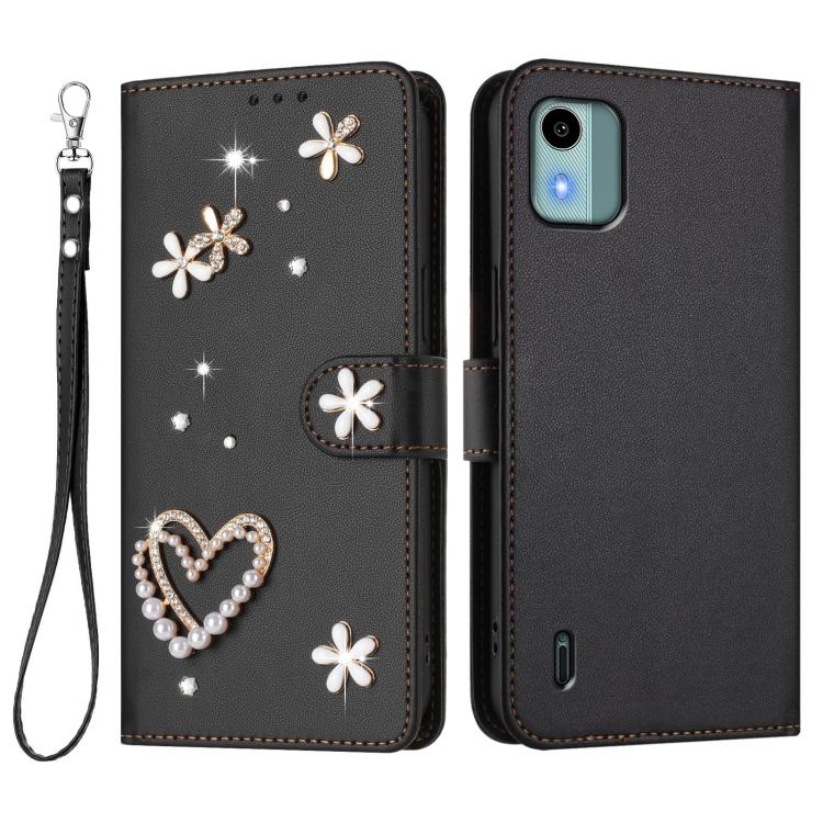 For Nokia C12 ZS01 Double-Layer Heart Floral Vegan Leather Phone Case with Wrist Strap