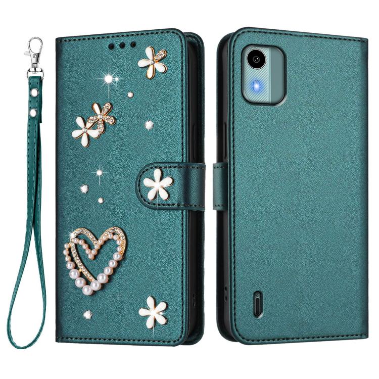 For Nokia C12 ZS01 Double-Layer Heart Floral Vegan Leather Phone Case with Wrist Strap