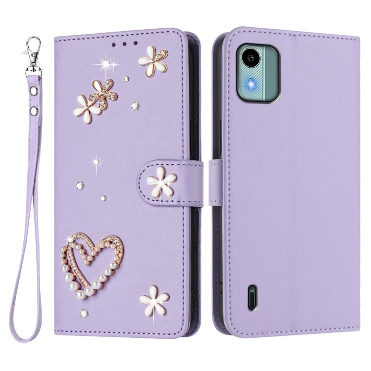 For Nokia C12 ZS01 Double-Layer Heart Floral Vegan Leather Phone Case with Wrist Strap