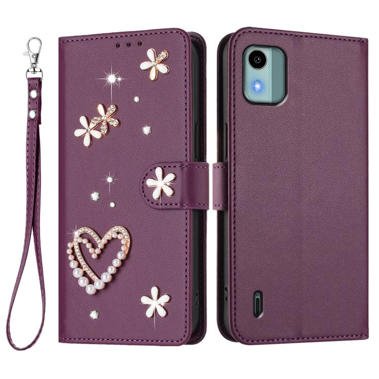 For Nokia C12 ZS01 Double-Layer Heart Floral Vegan Leather Phone Case with Wrist Strap