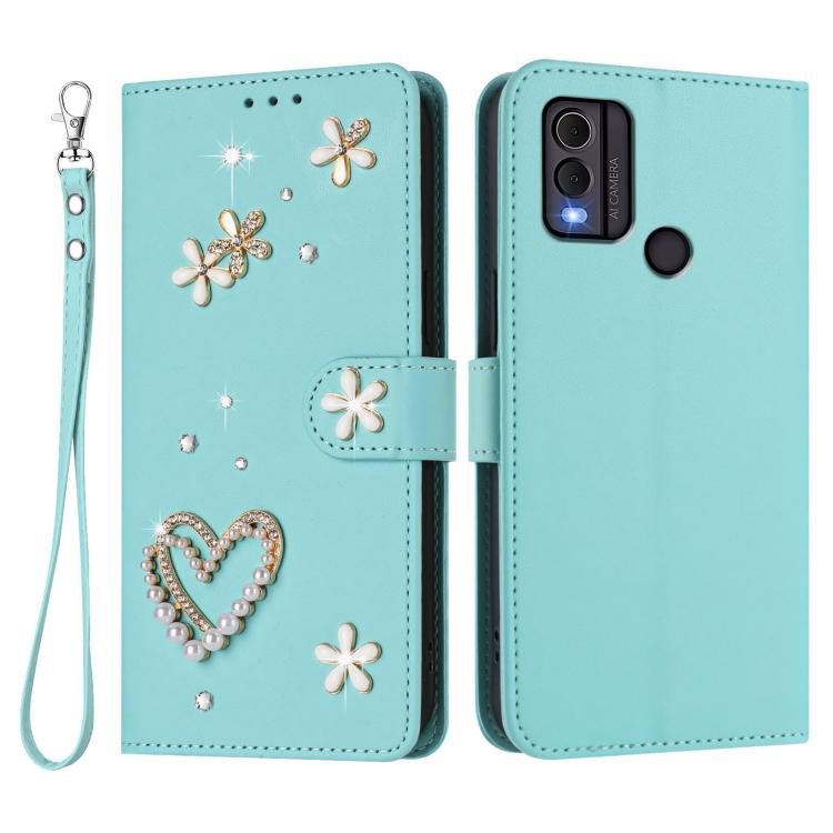 For Nokia C22 ZS01 Double-Layer Heart Floral Vegan Leather Phone Case with Wrist Strap