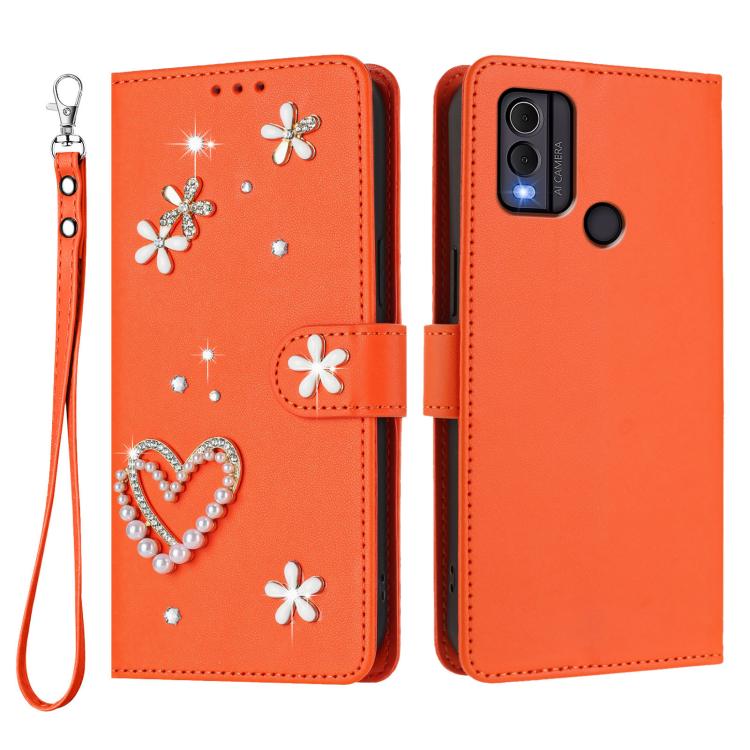 For Nokia C22 ZS01 Double-Layer Heart Floral Vegan Leather Phone Case with Wrist Strap