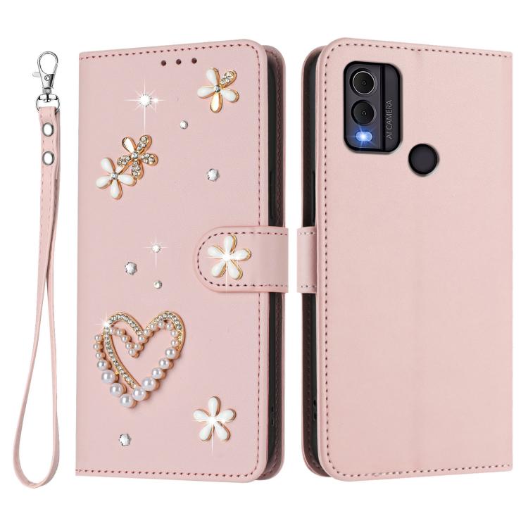 For Nokia C22 ZS01 Double-Layer Heart Floral Vegan Leather Phone Case with Wrist Strap