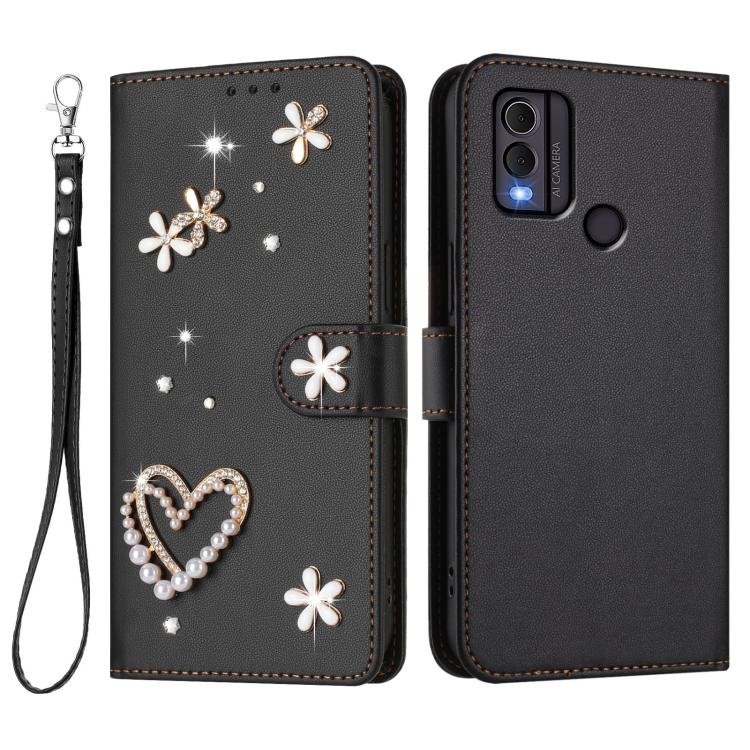 For Nokia C22 ZS01 Double-Layer Heart Floral Vegan Leather Phone Case with Wrist Strap
