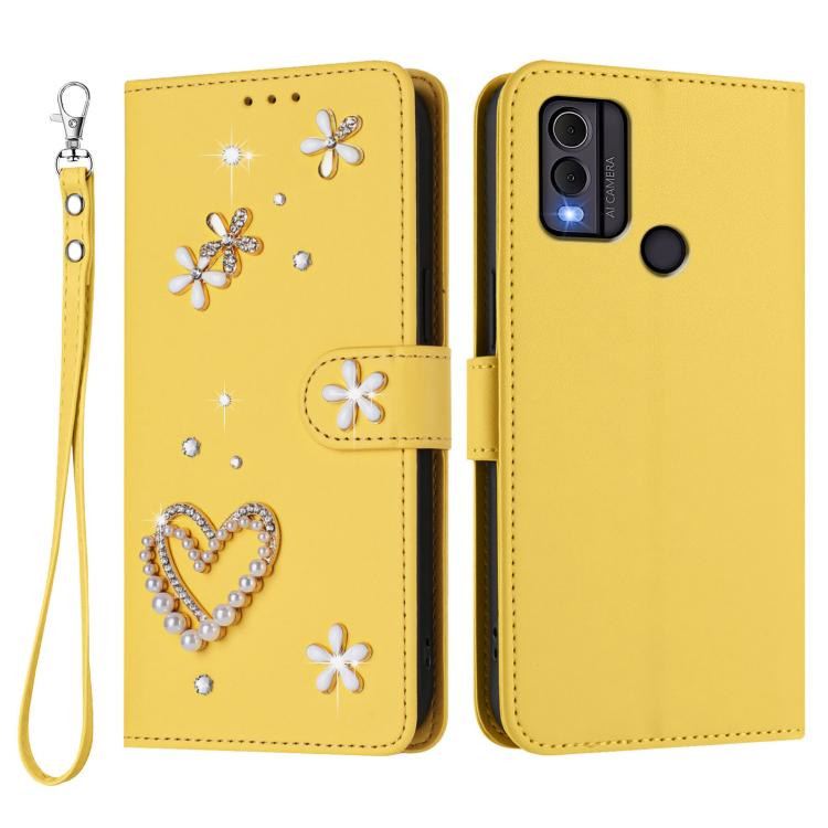 For Nokia C22 ZS01 Double-Layer Heart Floral Vegan Leather Phone Case with Wrist Strap