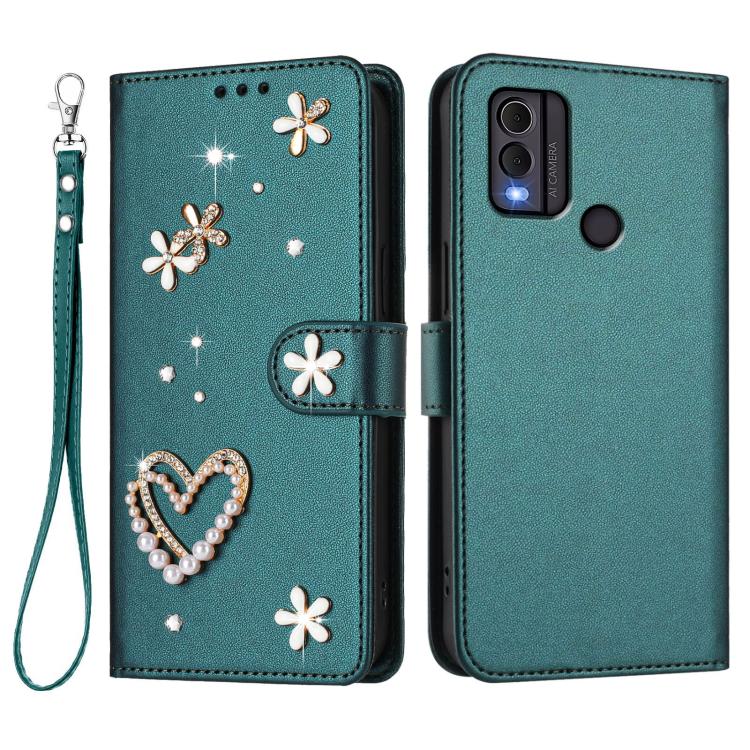 For Nokia C22 ZS01 Double-Layer Heart Floral Vegan Leather Phone Case with Wrist Strap