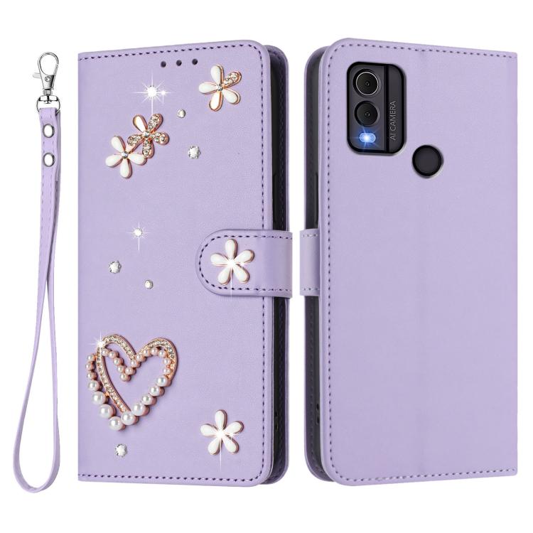For Nokia C22 ZS01 Double-Layer Heart Floral Vegan Leather Phone Case with Wrist Strap