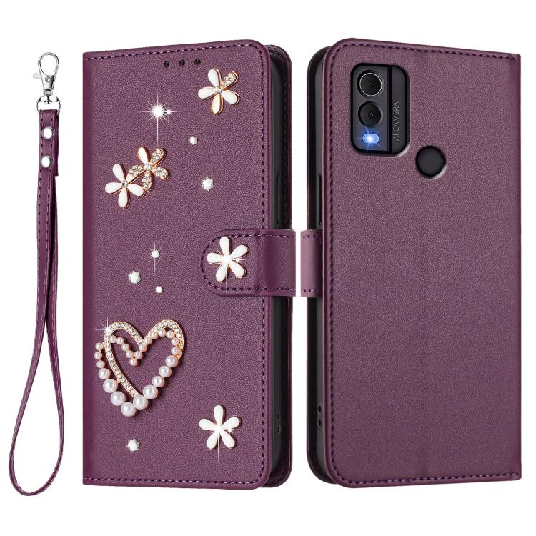 For Nokia C22 ZS01 Double-Layer Heart Floral Vegan Leather Phone Case with Wrist Strap