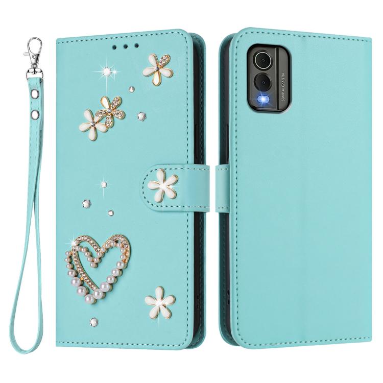 For Nokia C32 ZS01 Double-Layer Heart Floral Vegan Leather Phone Case with Wrist Strap