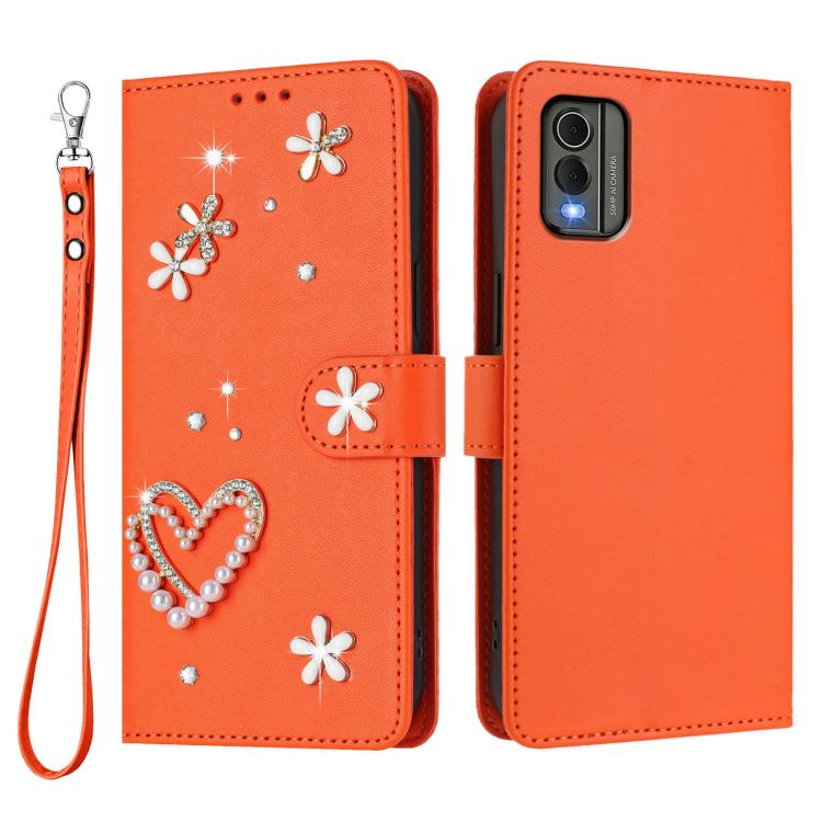 For Nokia C32 ZS01 Double-Layer Heart Floral Vegan Leather Phone Case with Wrist Strap