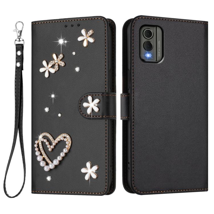 For Nokia C32 ZS01 Double-Layer Heart Floral Vegan Leather Phone Case with Wrist Strap