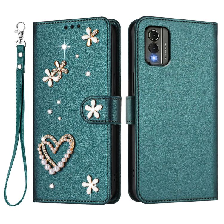 For Nokia C32 ZS01 Double-Layer Heart Floral Vegan Leather Phone Case with Wrist Strap