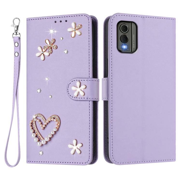 For Nokia C32 ZS01 Double-Layer Heart Floral Vegan Leather Phone Case with Wrist Strap