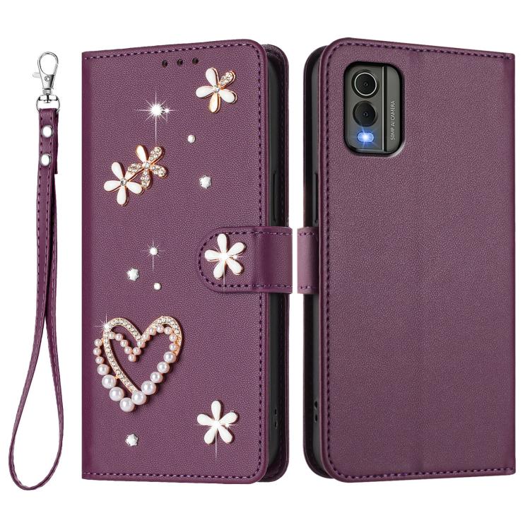For Nokia C32 ZS01 Double-Layer Heart Floral Vegan Leather Phone Case with Wrist Strap