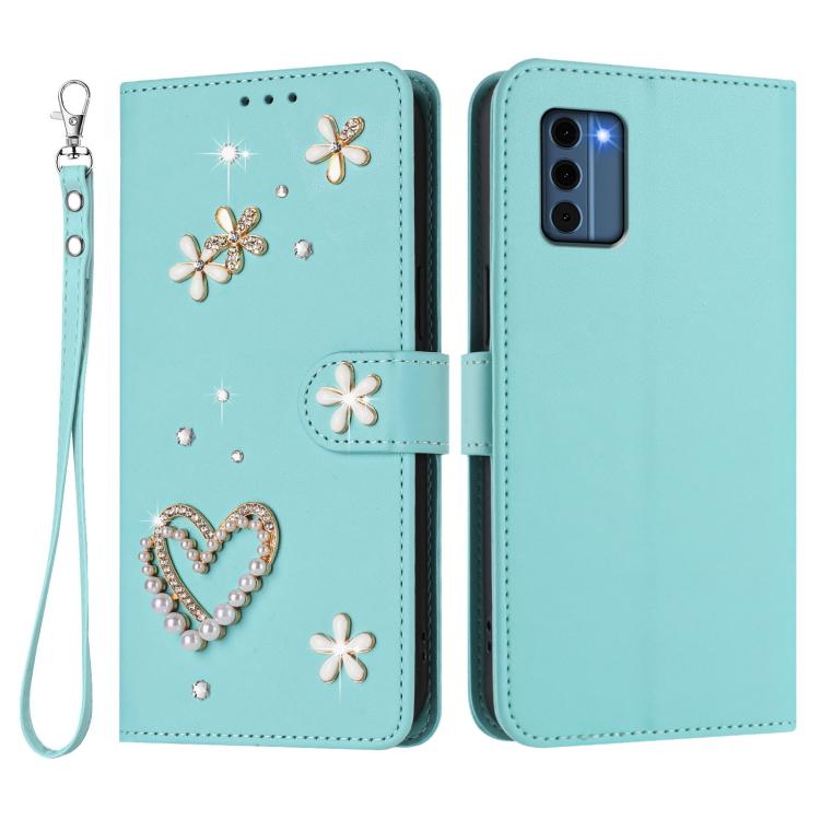 For Nokia C300 ZS01 Double-Layer Heart Floral Vegan Leather Phone Case with Wrist Strap