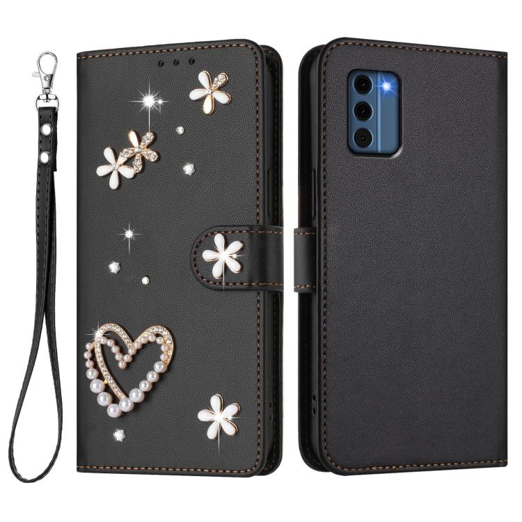 For Nokia C300 ZS01 Double-Layer Heart Floral Vegan Leather Phone Case with Wrist Strap