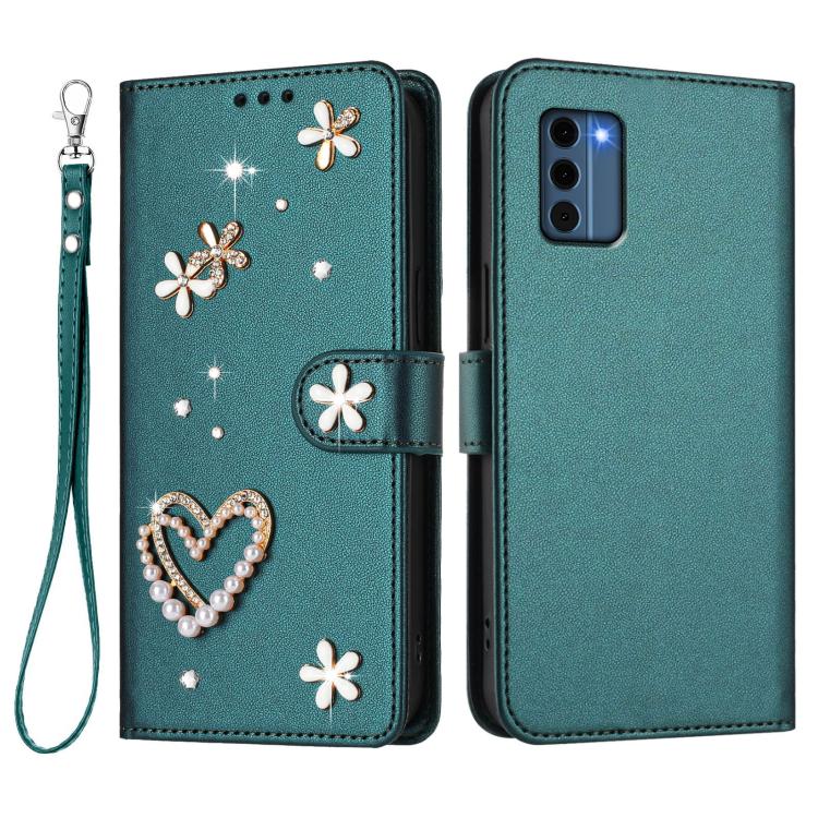 For Nokia C300 ZS01 Double-Layer Heart Floral Vegan Leather Phone Case with Wrist Strap